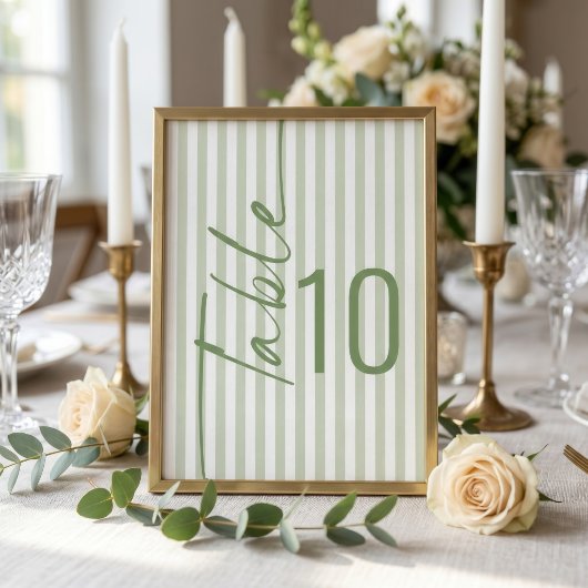 Carte de numéro de table de mariage à rayures vert