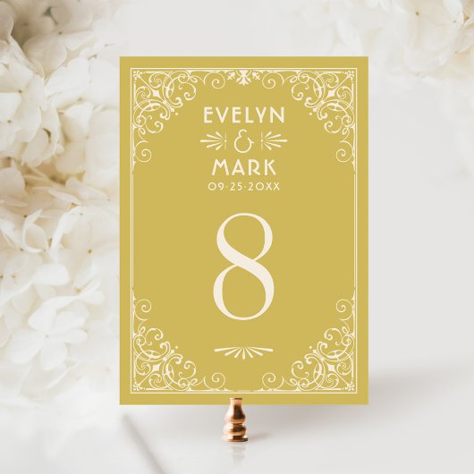 Carte de numéro de table de mariage Art Déco en or