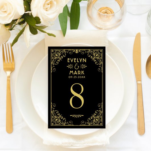 Carte de numéro de table de mariage Art Déco noir
