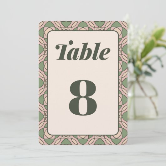 Carte de numéro de table de mariage Art Déco vert  (Debout devant)
