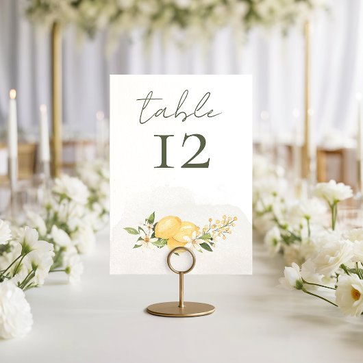 Carte de numéro de table de mariage au citron embr
