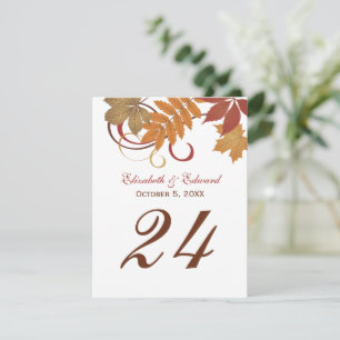 Carte de numéro de table de mariage aux feuilles d