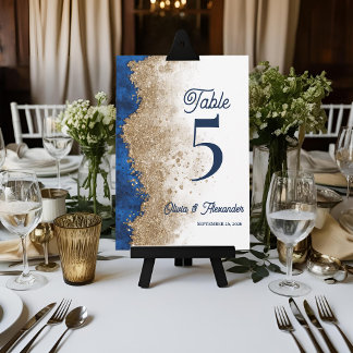 Carte de Numéro de Table de Mariage Bleu Or de la