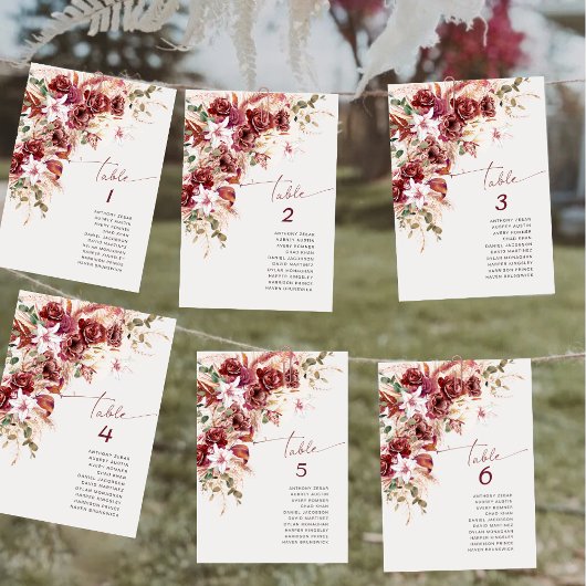 Carte de numéro de table de mariage Boho Burgundy