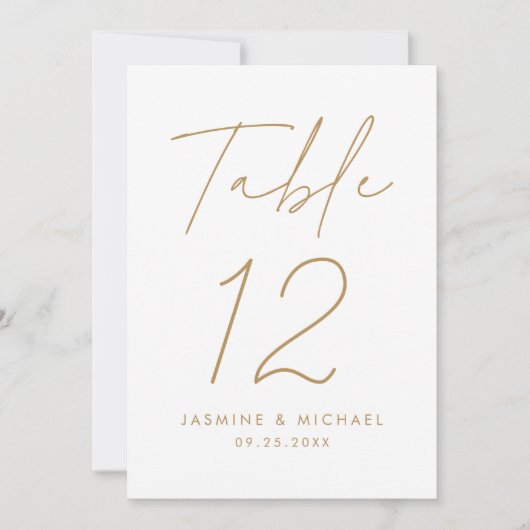 Carte de numéro de table de Mariage de script or m (Devant)