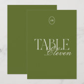 Carte de numéro de table de mariage en vert olive  (Devant / Derrière)
