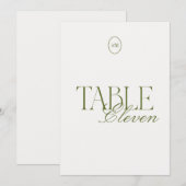 Carte de numéro de table de mariage en vert olive (Devant / Derrière)