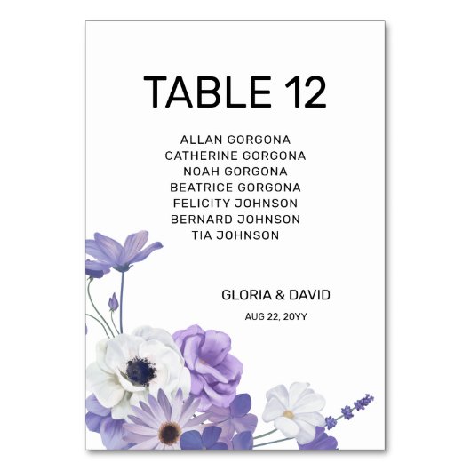 Carte de numéro de table de Mariage floral pourpre (Par défaut)