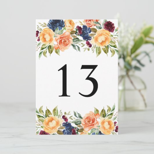 Carte de numéro de table de mariage floral rustiqu (Debout devant)