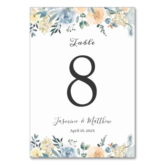 Carte de numéro de table de mariage florale bleue (Par défaut)