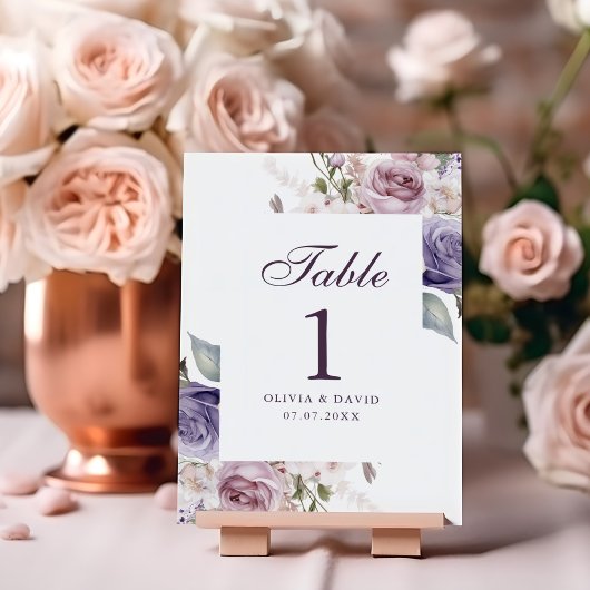 Carte de numéro de table de mariage florale lilas