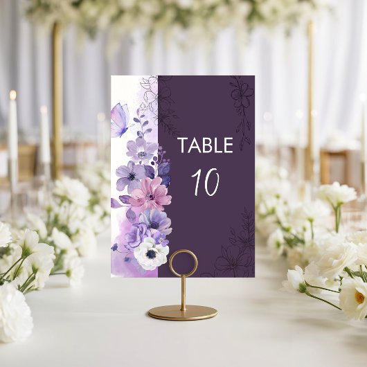 Carte de numéro de table de mariage florale violet