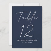 Carte de Numéro de Table de Mariage Navy Script Mo (Devant)
