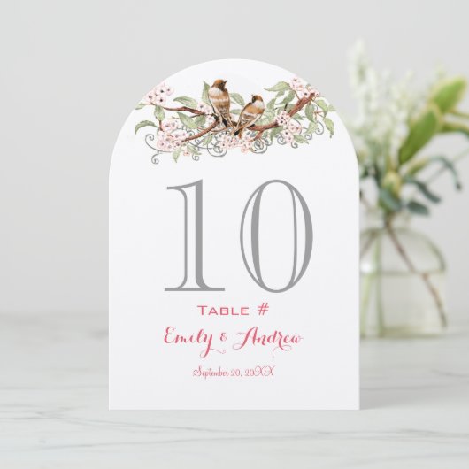 Carte de numéro de table de mariage oiseaux d'amou (Debout devant)