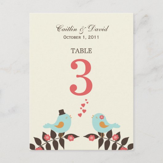 Carte de numéro de table de mariage Oiseaux de l'a (Devant)