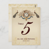 Carte de numéro de table de mariage Paons Vintage (Devant / Derrière)