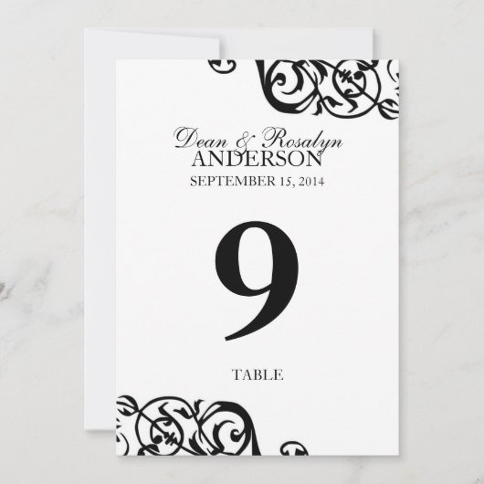 Carte de numéro de table de mariage réception B&W (Devant)