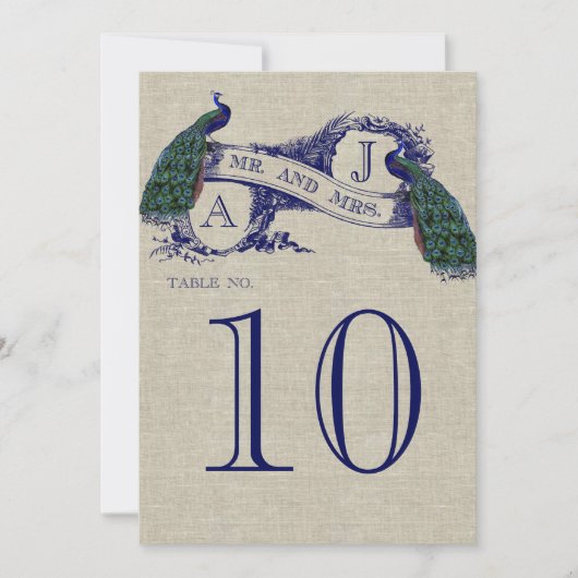 Carte de numéro de table de mariage rustique paon (Devant)