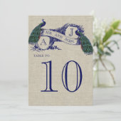Carte de numéro de table de mariage rustique paon (Debout devant)