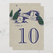 Carte de numéro de table de mariage rustique paon (Devant / Derrière)