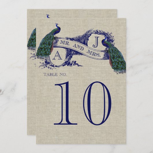 Carte de numéro de table de mariage rustique paon (Devant / Derrière)
