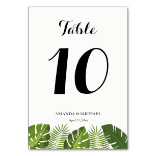 Carte de numéro de table de mariage tropical feuil