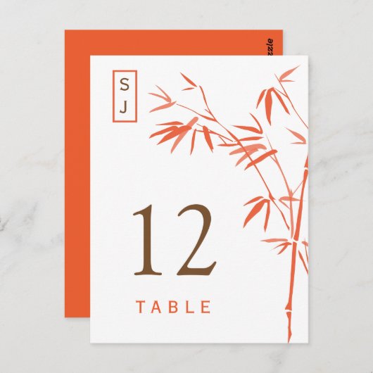 Carte de numéro de table en bambou à monogramme |  (Devant / Derrière)