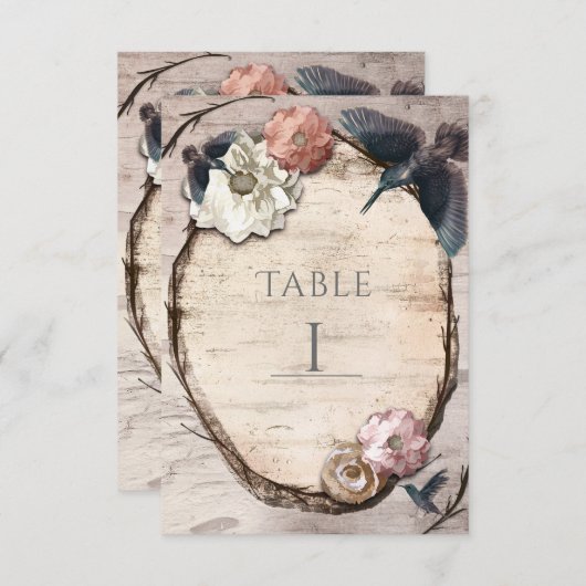 Carte de numéro de table en bouleau blanc rustique (Devant / Derrière)