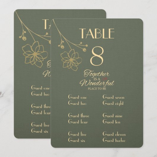 Carte de numéro de table et de nom de lieu en vert (Devant / Derrière)