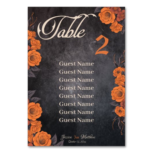Carte de numéro de table Fleurs Orange avec noms (Par défaut)