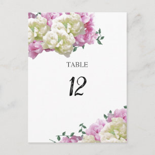 Carte de numéro de table florale aux pivoines