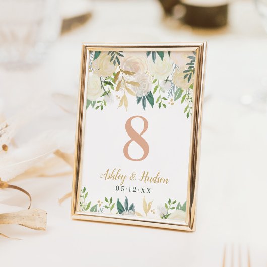 Carte de numéro de table florale or rose