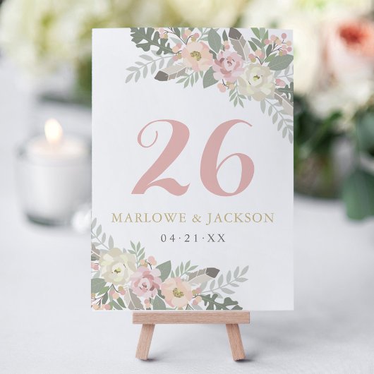 Carte de numéro de table florale rose doré
