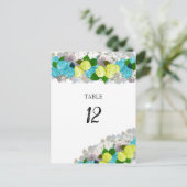 Carte de numéro de table florale turquoise jaune (Debout devant)