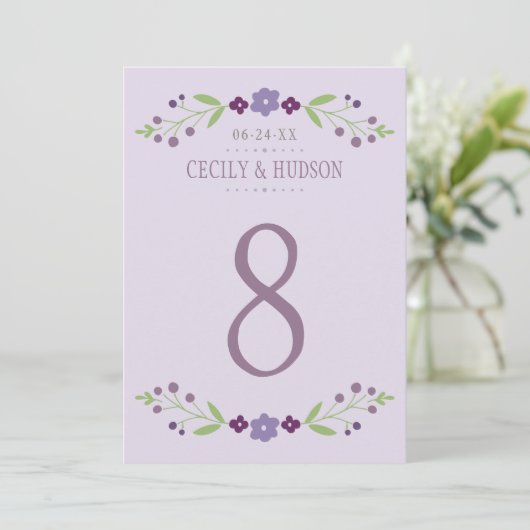 Carte de numéro de table florale violet vert rusti (Debout devant)
