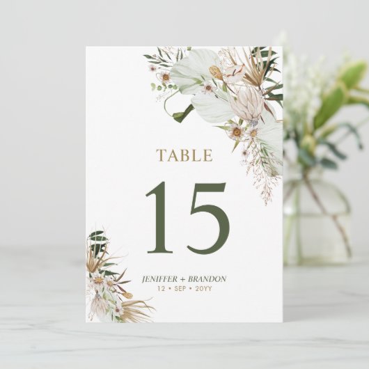 Carte de numéro de table Gold & Green Boho Wedding (Debout devant)