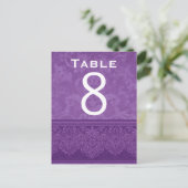 Carte de numéro de table Mariage damassé blanc vio (Debout devant)