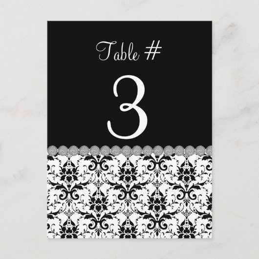 Carte de numéro de table Mariage damassé noir et b (Devant)