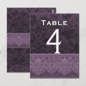 Carte de numéro de table Mariage damassé violet et (Devant / Derrière)