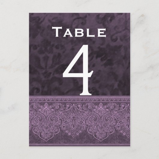 Carte de numéro de table Mariage damassé violet et (Devant)