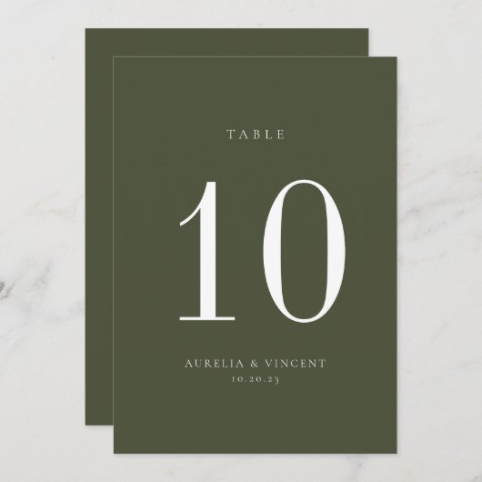Carte de numéro de table Mariage vert olive (Devant / Derrière)