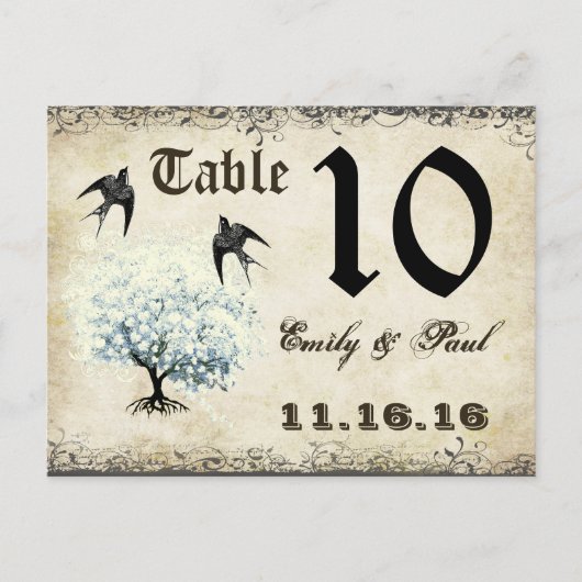 Carte de numéro de table oiseaux arbre feuille de (Devant)