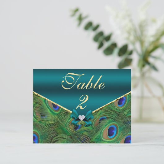 Carte de numéro de table Peacock turquoise (Debout devant)
