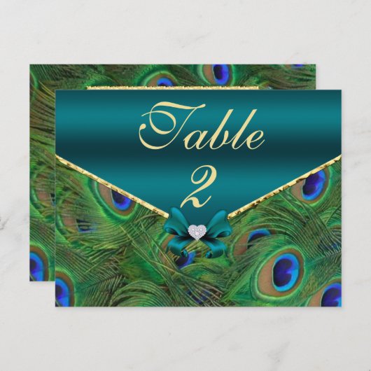 Carte de numéro de table Peacock turquoise (Devant / Derrière)