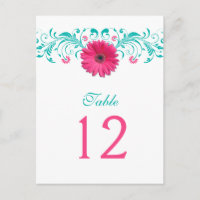 Carte de numéro de table rose Gerbera Daisy Turquo