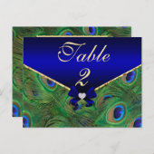 Carte de numéro de table Royal Blue Peacock (Devant / Derrière)