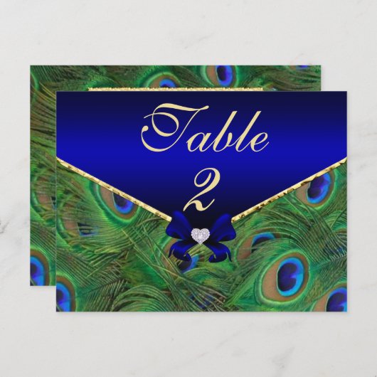 Carte de numéro de table Royal Blue Peacock (Devant / Derrière)