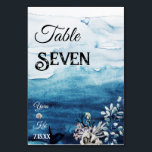 Carte de numéro de table Rustic Ocean Mariage<br><div class="desc">Cette carte de numéro de table rustique mariage océan est parfaite pour votre mariage boho de plage rustique. Ce design présente une calligraphie en noir et blanc audacieuse avec un arrière - plan océanique pour correspondre à votre destination de plage mariage ou un mariage moderne décontracté au printemps, à l'été...</div>