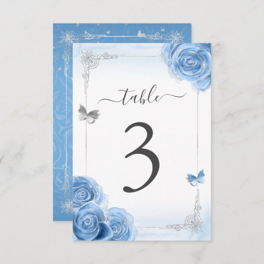 Carte de numéro de table Silver Bahama Blue Roses (Devant / Derrière)