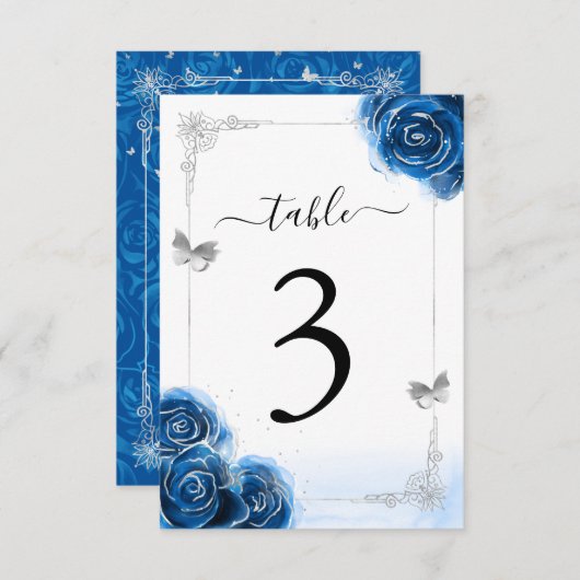 Carte de numéro de table Silver Royal Blue Roses é (Devant / Derrière)
